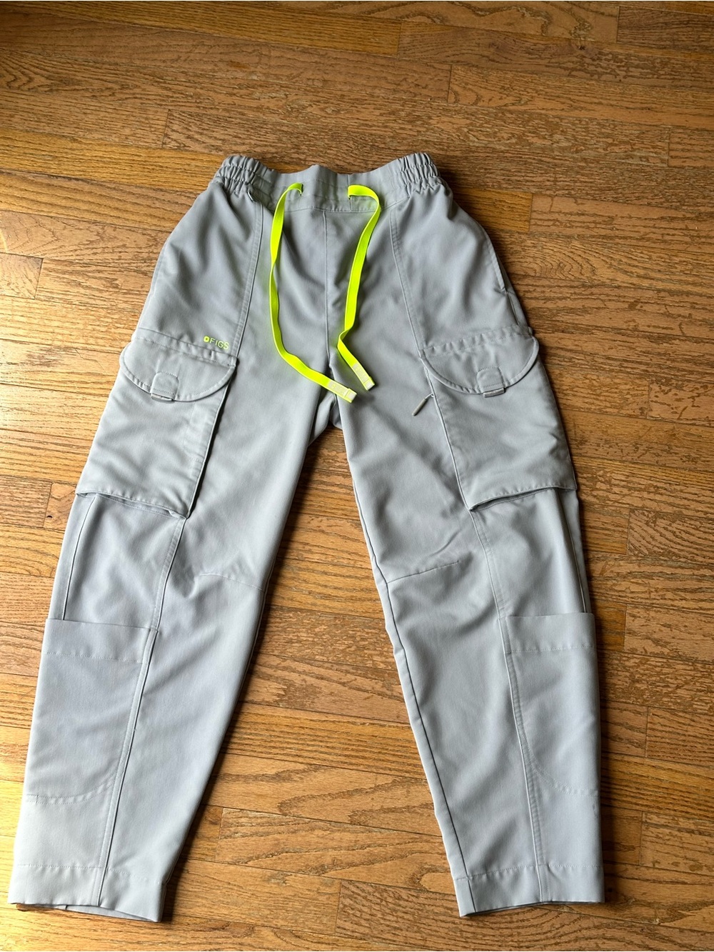 Figs Women’s Light Gray Scrub Cargo Pants with Neon Yellow Drawstring
